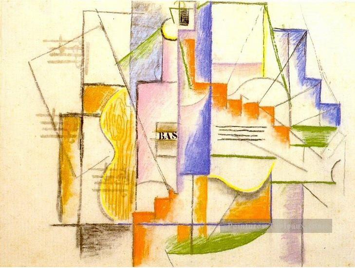 Bouteille Bass et guitare 1912 cubisme Pablo Picasso Peintures à l'huile